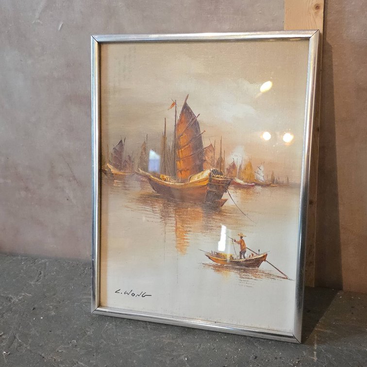L. Wong Signed Framed Harbor Scene Oil Painting with Chinese Junks and Figure in Small Boat 9.5"x12"