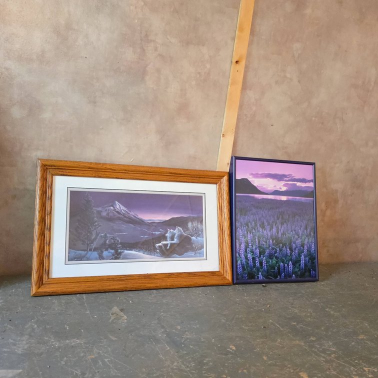 Framed Wolf Art Print and Framed Purple Wildflower Landscape, Largest Measures 20.5" x 12"