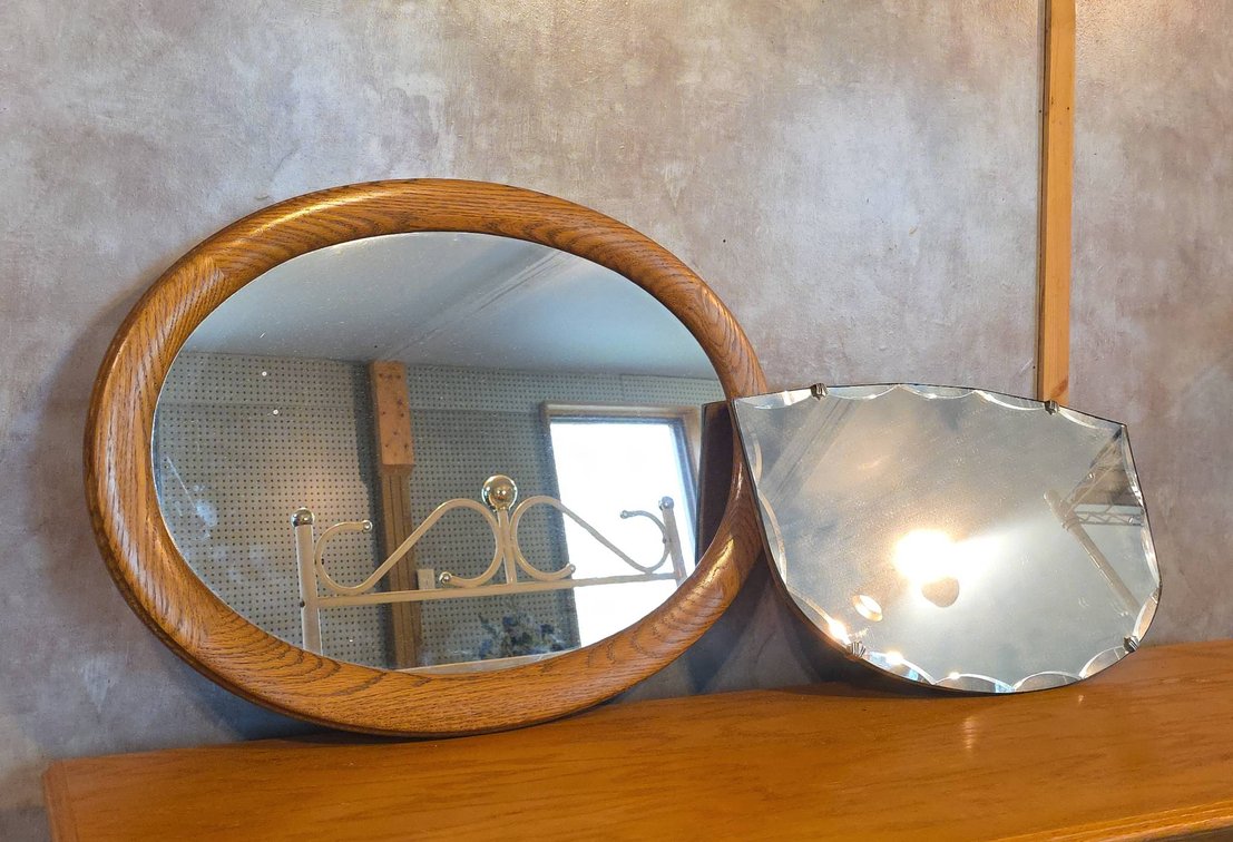 2 Wall Mirrors: Oval Wood Frame Made in Taiwan and Scalloped Art Deco Glass, Largest 27 Inch