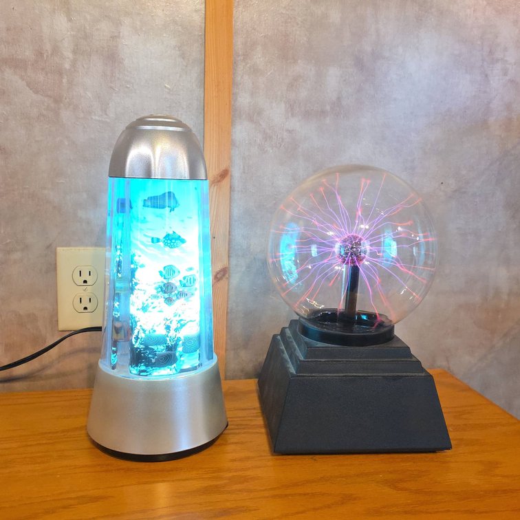 Plasma Globe and Motion Mini Aquarium Lamp, Both Working, One Cord Damaged, Tallest Piece 14 Inches