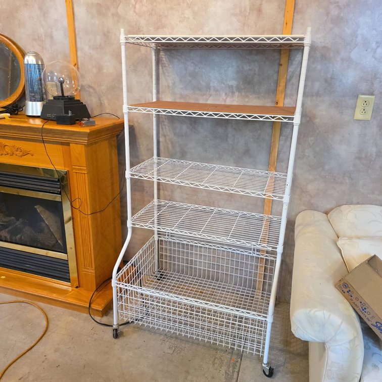 White Metal Wire Utility Storage Rack on Casters with Shelves and Basket Bin