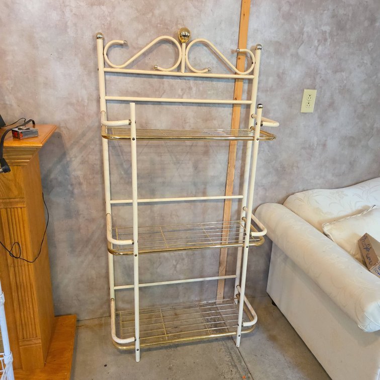 White and Gold Metal Rack with 3 Wire Shelves and Decorative Accents
