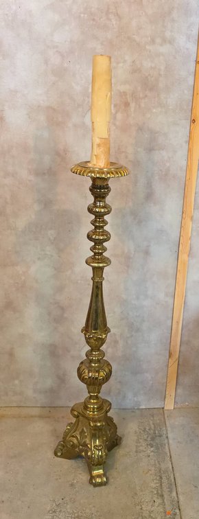 Brass Standing Candlestick Holder on Ornate Tripod Base with Candle, 44" Tall to Candle Base