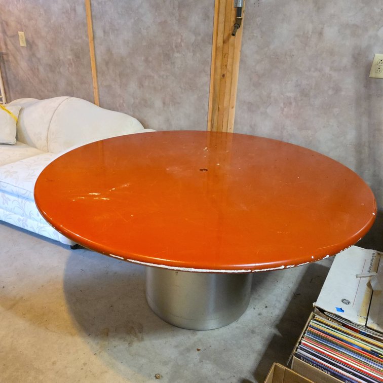 Large Orange Round Table with Metal Pedestal Base, 59" Diameter, 29" Tall, Wear to Surface and Edges