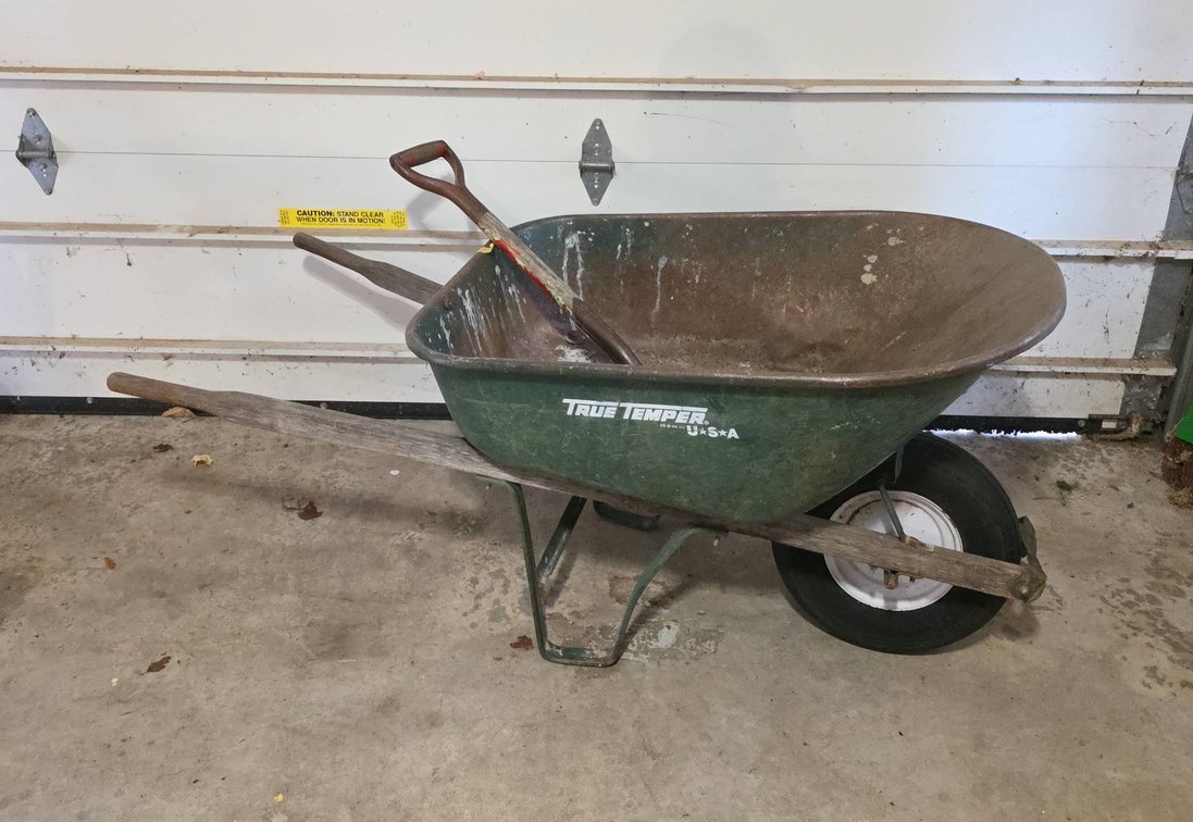 True Temper Green Steel Wheelbarrow with Wood Handles and Flat Shovel, Hole in Bottom