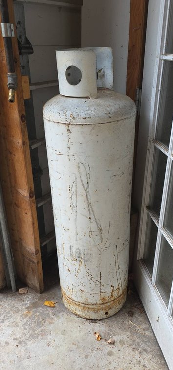 49-Inch Steel Propane Tank, DOT 4BW240 Marked, 239 lb Capacity, With Valve, Approximately 1/4 Full