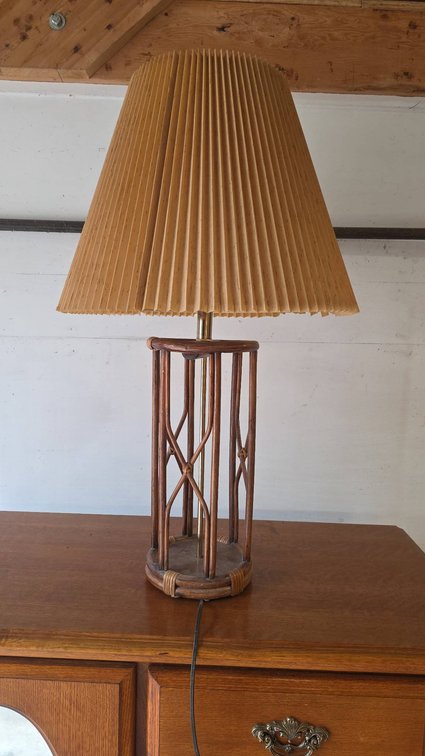Wicker-Accented Table Lamp with Pleated Paper Shade and Open Rattan Base, Measures 30 Inches Tall