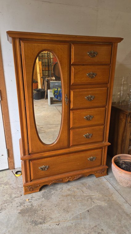 Solid Wood Oak Veneer Armoire with Mirrored Door and Six Drawers