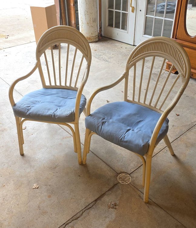 Rattan Patio Chairs with Blue Cushions and Rounded Backs
