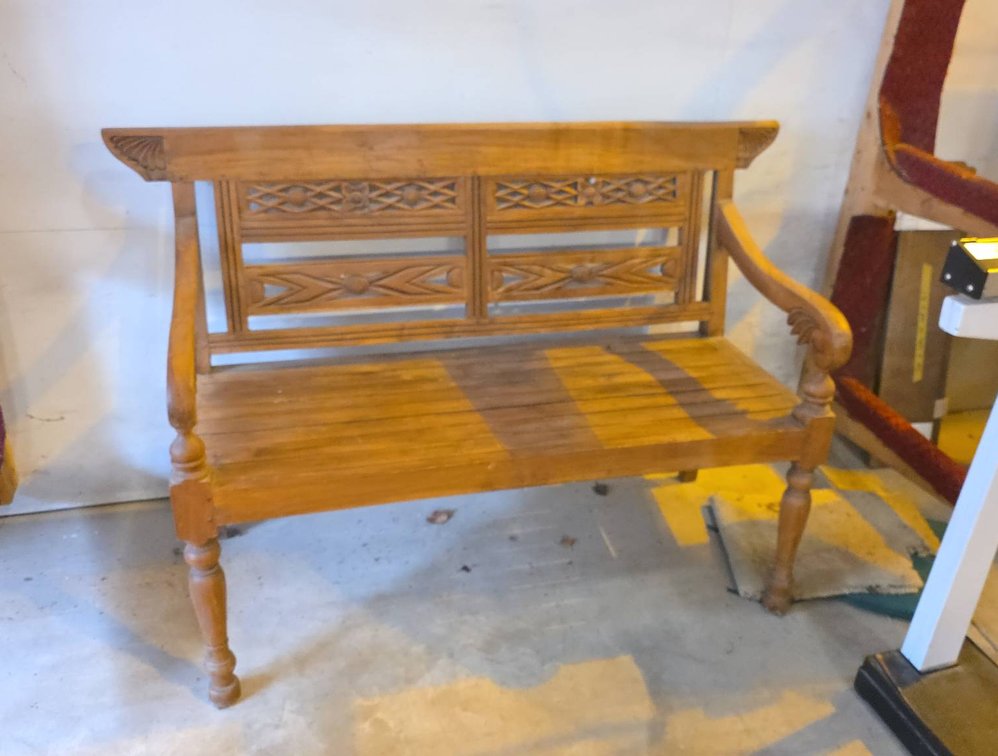 Wooden Wingback Bench with Carved Back and Armrests, Includes Two Cushions