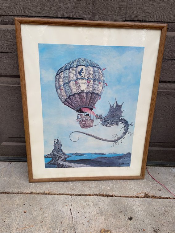 Marion Holquin Signed 1982 Fantasy Print Gnome Family Hot Air Balloon Fueled by Dragon Fire, Framed