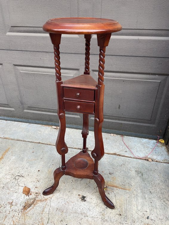 Vintage Twisted Wood Spoke Plant Stand with Two Drawers and Cabriole Legs, Nice Condition