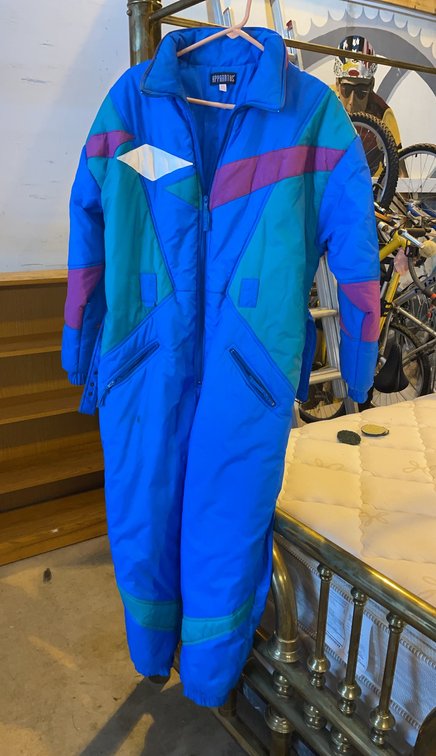 Apparatus XL 1980s Ski Suit Blue With Color Pop Pattern, Vintage One-Piece Outerwear Made In Hong Kong
