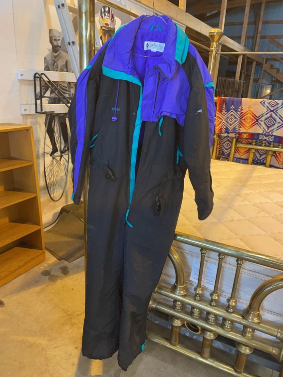 Columbia Sportswear XL Vintage One-Piece Snowsuit, Black Purple Teal, With Small Sleeve Hole