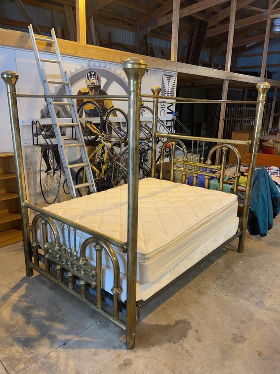 Vintage Brass Steampunk Style Four Post Full Bed Frame With Mattress and Boxspring Included
