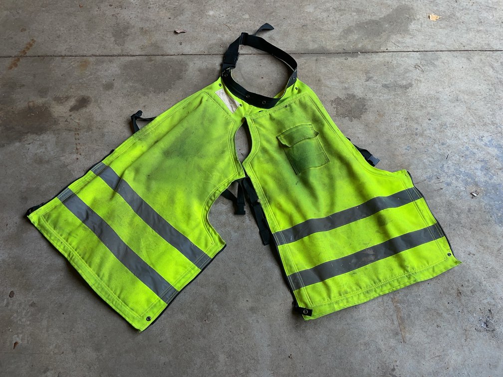 Adjustable 37 Inch Lumberjack Chainsaw Chaps with Reflective Strips, Waist 30–42 Inch, Good Used Condition