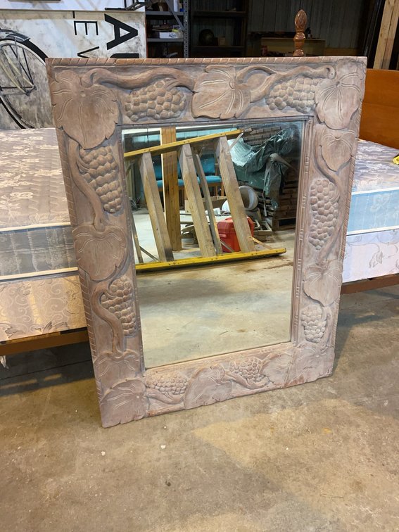 Heavy Solid Wood Hallway Mirror with Hand-Carved Grapes of the Vine Motif, 31" x 40", 30lb, Beveled Frame