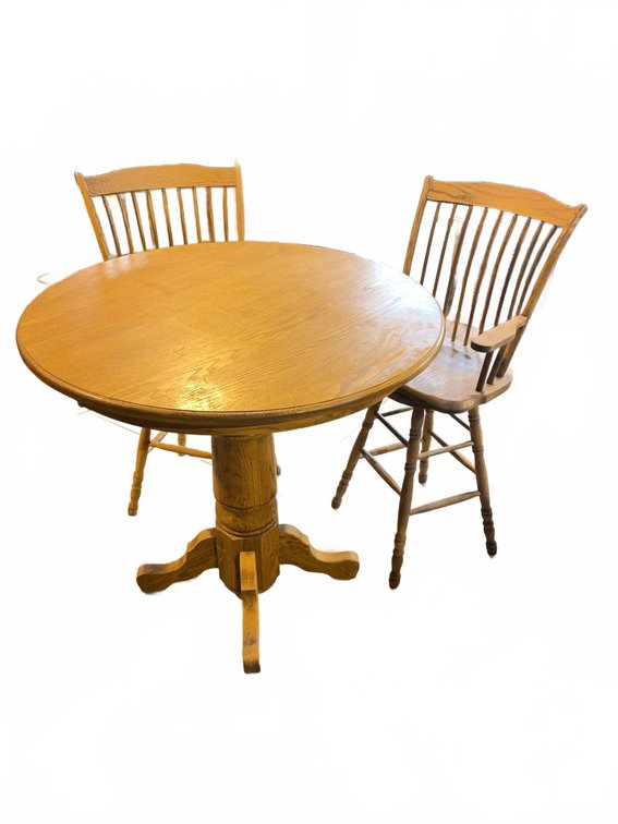 Solid Wood Bar Height Table With Pedestal Base and Two Barstools, Round Top