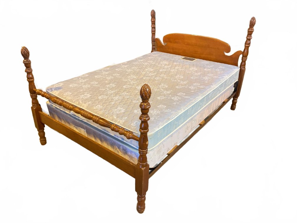 Maple Wood Bedframe with Sealy Posture Pillow Mattress and Boxspring Set, Pineapple Finials