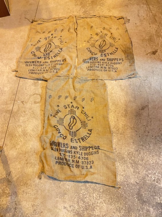 Three Five Star Chili Burlap Sacks, Cinco Estrella, Lemitar NM, USA, Growers and Shippers Duggins