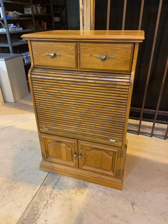 Vintage Solid Wood Roll Top Entertainment Center With Fold Up Top Storage and Two Lower Cabinet Doors
