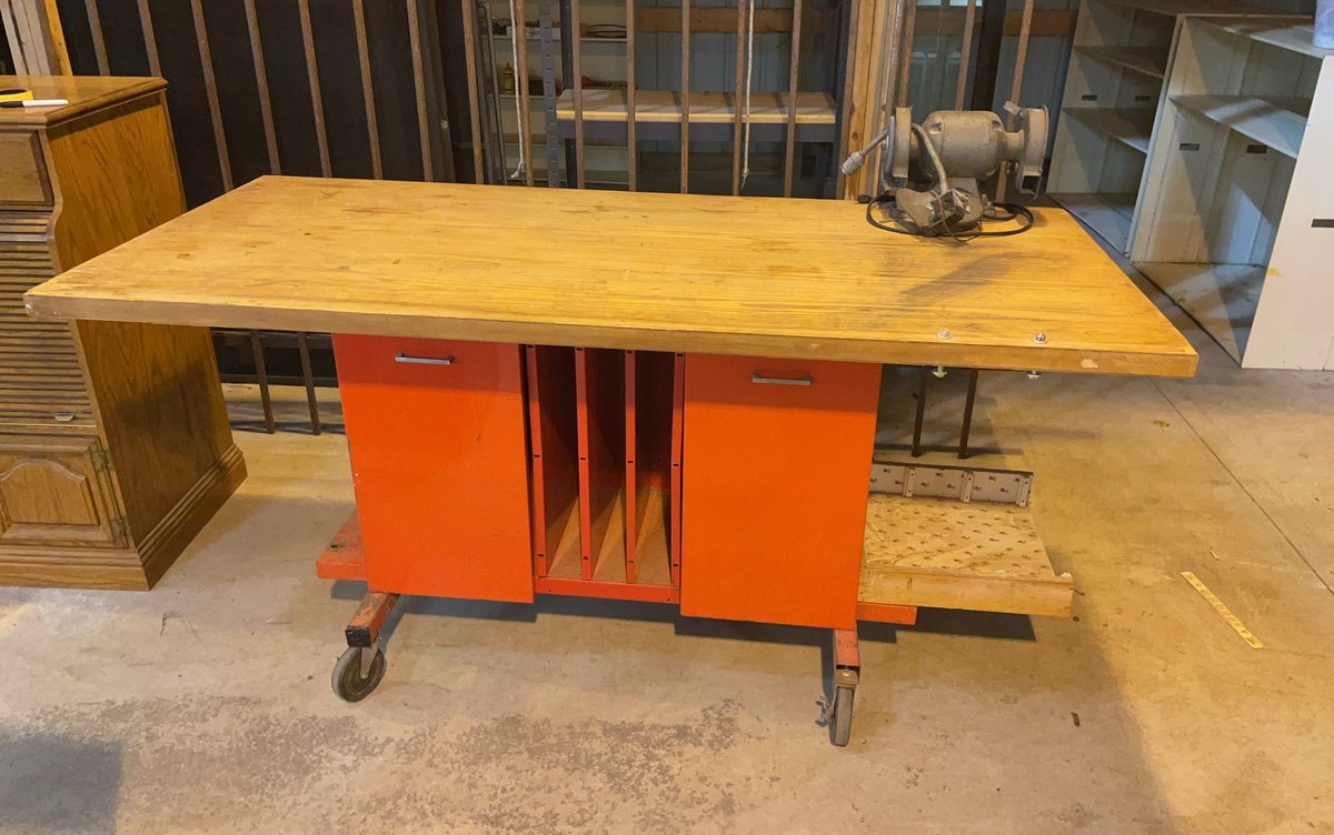 Steel Workbench with Solid Wood Top, Continental Bench Grinder, Locking Casters, Storage