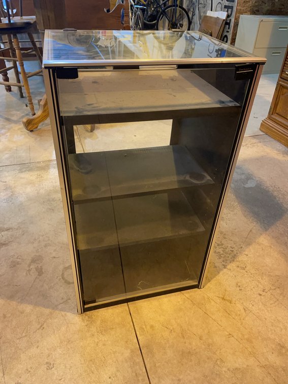 Technics Glass Front and Top Media Cabinet with Wood Sides and Three Shelves, Needs Cleaning