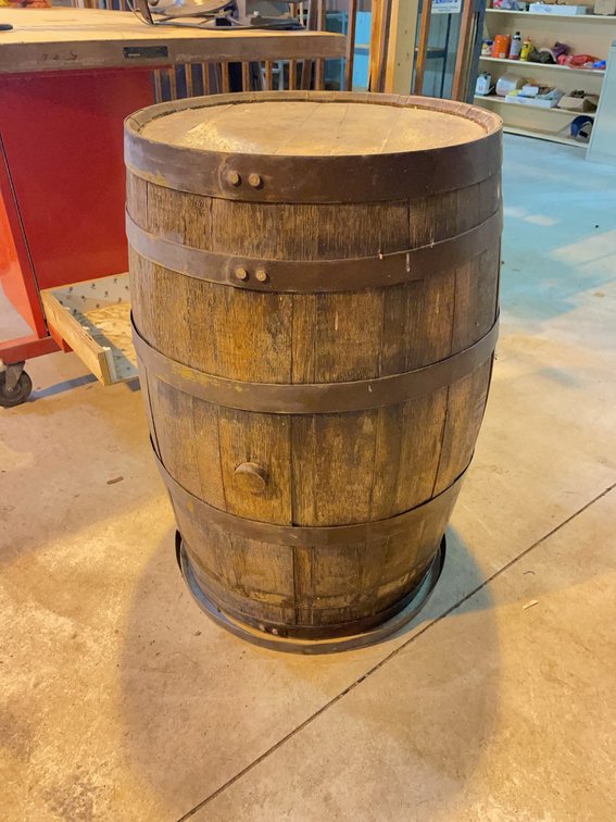 Vintage Whiskey Barrel with Metal Collars, Wooden Plug, Inscribed Top, Approx. 24" x 36"