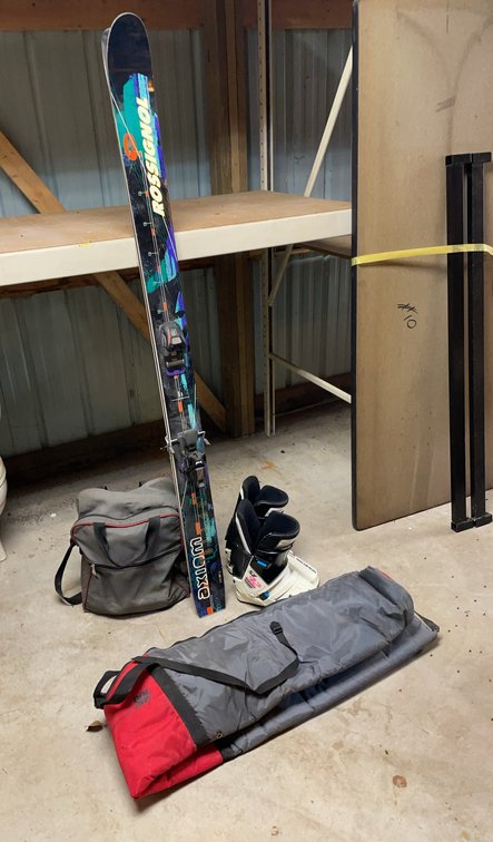 Rossignol Powder Skis with Marker Bindings, Salomon Boots, and Carrying Cases, 72 Inch Length