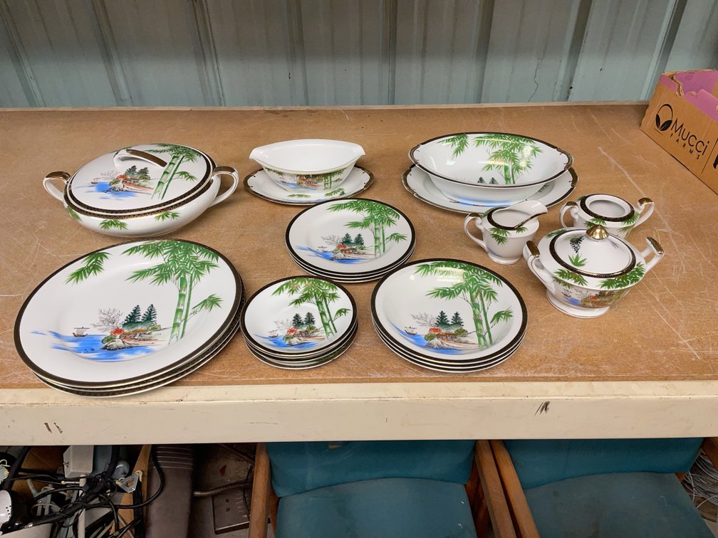 21 Piece Japanese China Set with Riverboat Bamboo Village Scene, Plates, Saucers, Tureen, Minor Wear