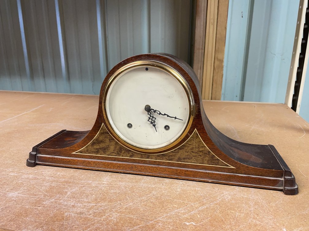Vintage Plymouth Mantle Clock with Exotic Wood Inlay and Worn Face