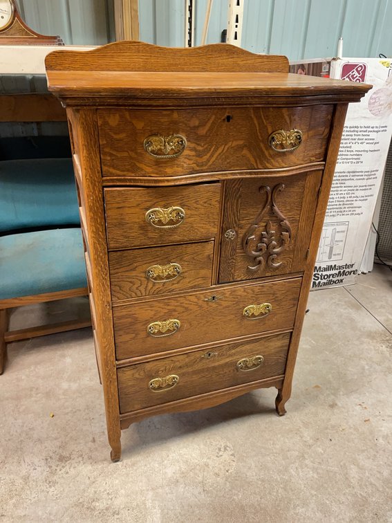 Vintage Solid Wood Five Drawer Dresser With Built-In Jewelry Cabinet, Ornate Pulls, Harp Embellishment