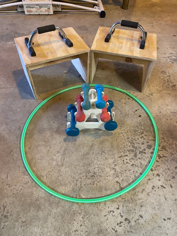 Exercise Equipment Lot With Dumbbell Rack, Dumbbells, (2) 12-Inch Step Up Boxes, Hula Hoop and Push-Up Bars