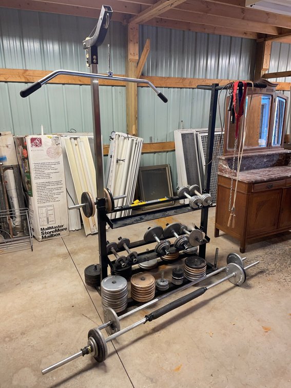 600lb+ Metal Free Weights With Lat Pulldown Machine, Dip Rack, Two Barbells, Various Plates Included
