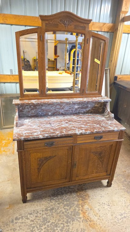 Arts Nouveau Marble Top Vanity Dresser with Beveled Mirror Topper and Folding Wing Mirrors