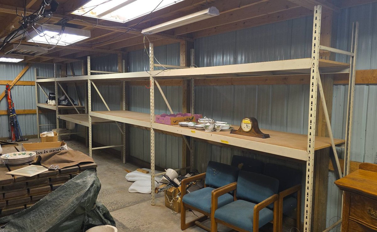 32ft Steel Industrial Shelving Unit, Four Connected Sections, 32in Deep, 8ft Tall, For Garage or Workshop