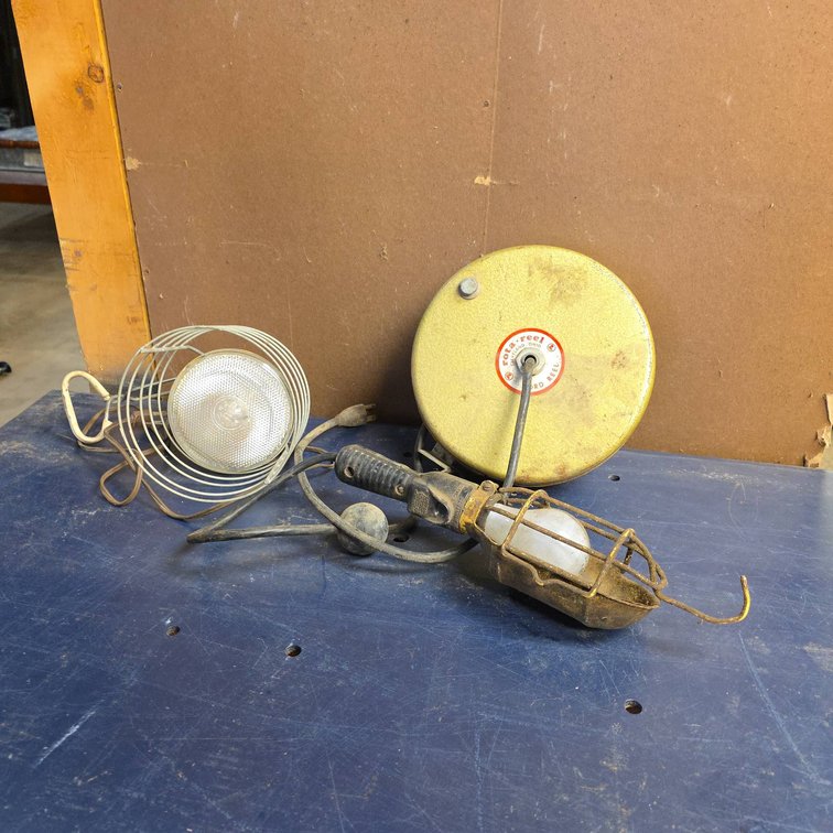 Rota-Reel Cleveland Ohio Cord Reel With Two Vintage Shop Lights, Metal Cage Guards