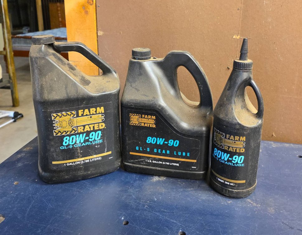 Three Farm Rated 80W-90 GL-5 Gear Lube Bottles, 1 Gallon, 1.06 Gallon, 1 Quart, All Feel Full