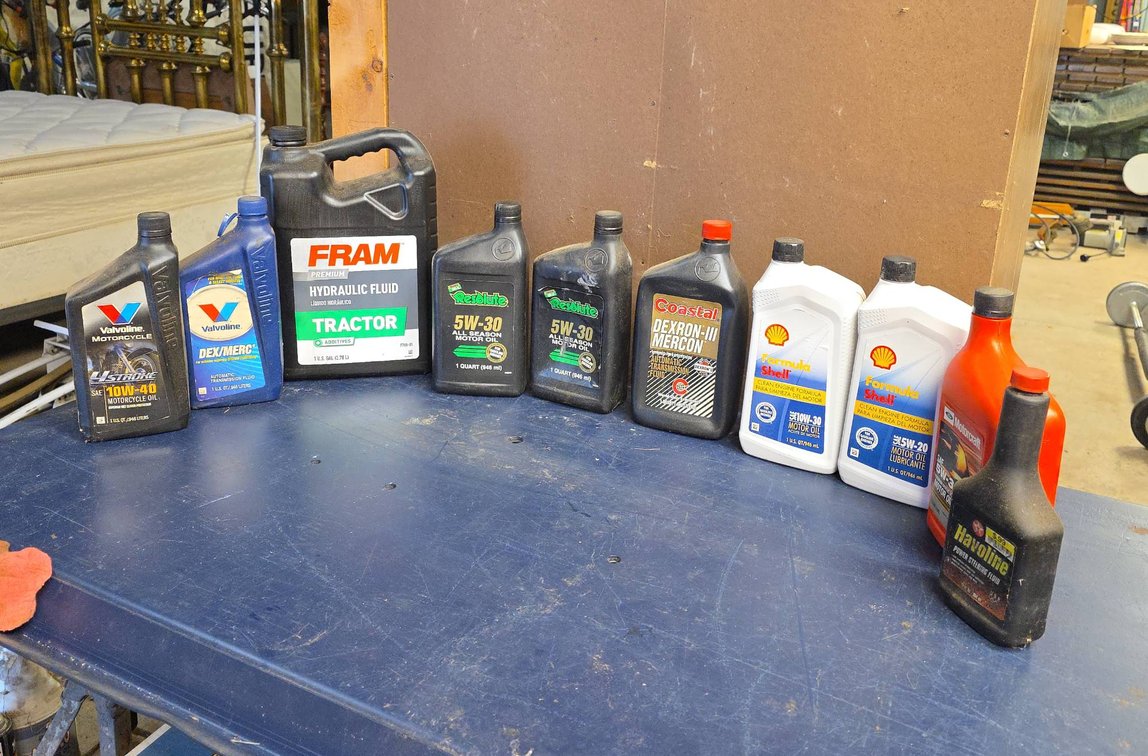 (10) Motor Oil, Transmission, Hydraulic, and Power Steering Fluid Bottles, Partial or Full, Various Brands