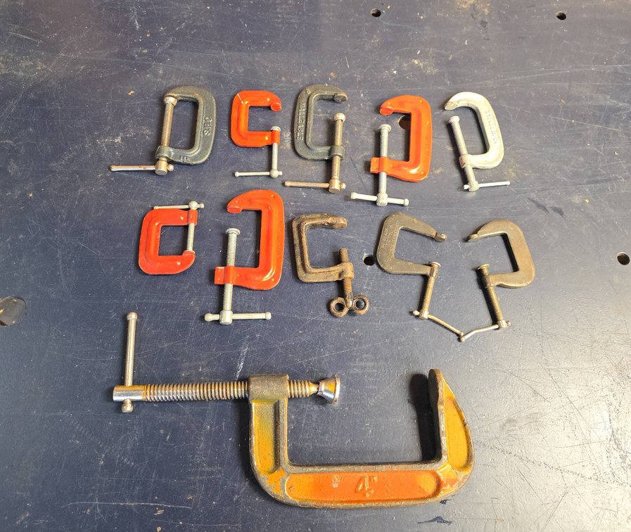 Set of (11) Metal C Clamps, Various Brands and Sizes, Steel Construction