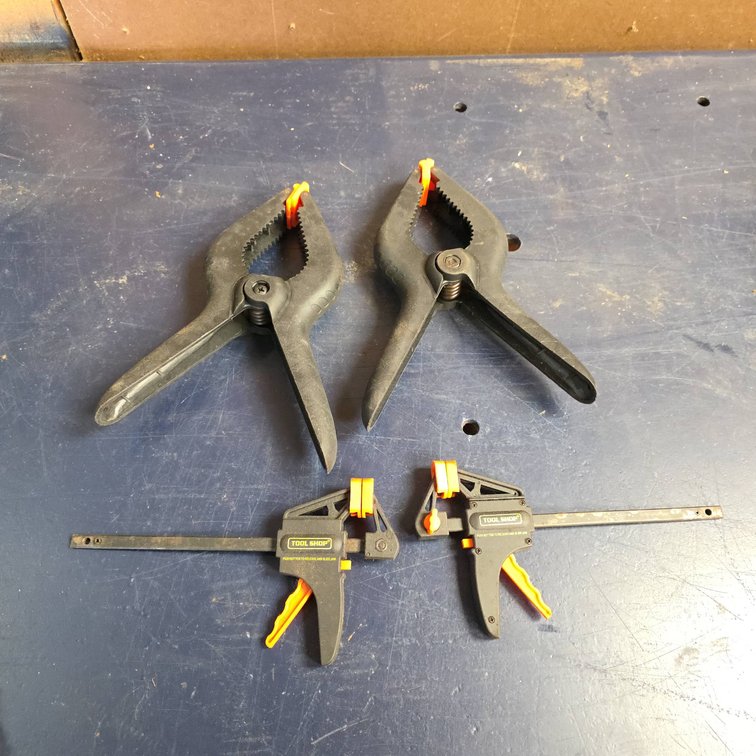 (4) Clamps Including 2 Tool Shop Bar Clamps and 2 Spring Clamps, Plastic and Metal Construction