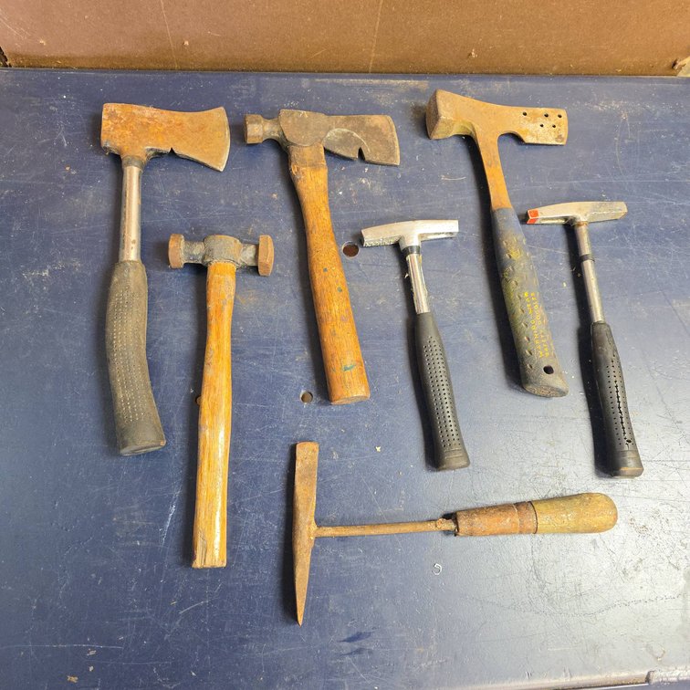 Seven-Piece Tool Lot: Texsport Hatchet, Estwing Hatchet, Hammers, Picks, and Specialty Hand Tools
