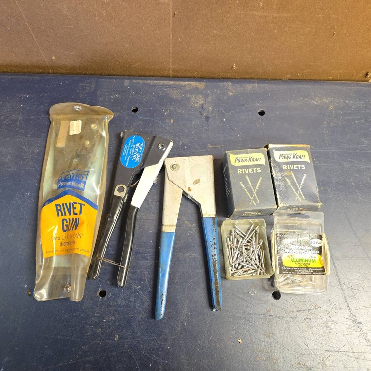 Three Rivet Guns Including Montgomery Ward Powr-Kraft, Pop Brand K110, PRG410, Plus Rivets