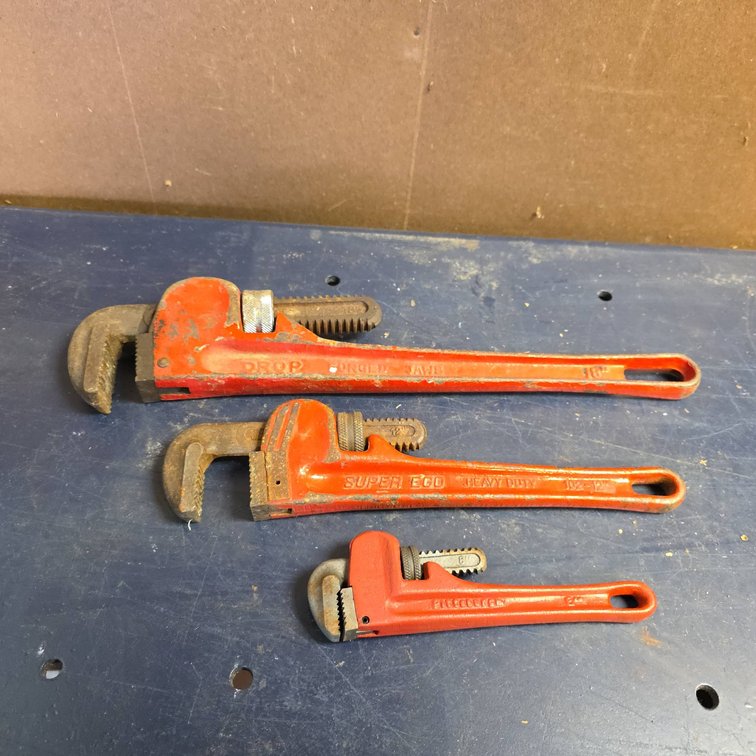 3 Pipe Wrenches: DROP Forged 18" and SUPER EGO Heavy Duty 12", Plus KTC 8" Wrench