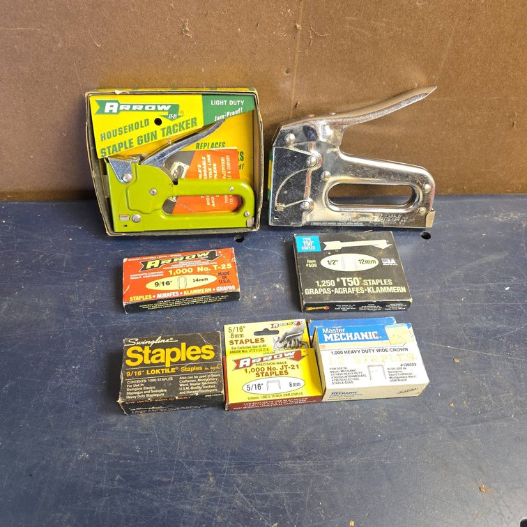 Arrow JT-21 and Chrome Staple Guns With (5) Partial Boxes of Staples Including Arrow, Swingline, Master Mechanic