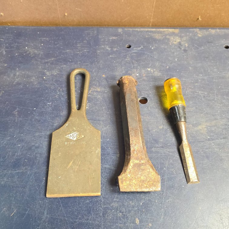 Ampco USA Beryllium Scraper, Railroad Spike, and Yellow-Handle Flathead Screwdriver Set