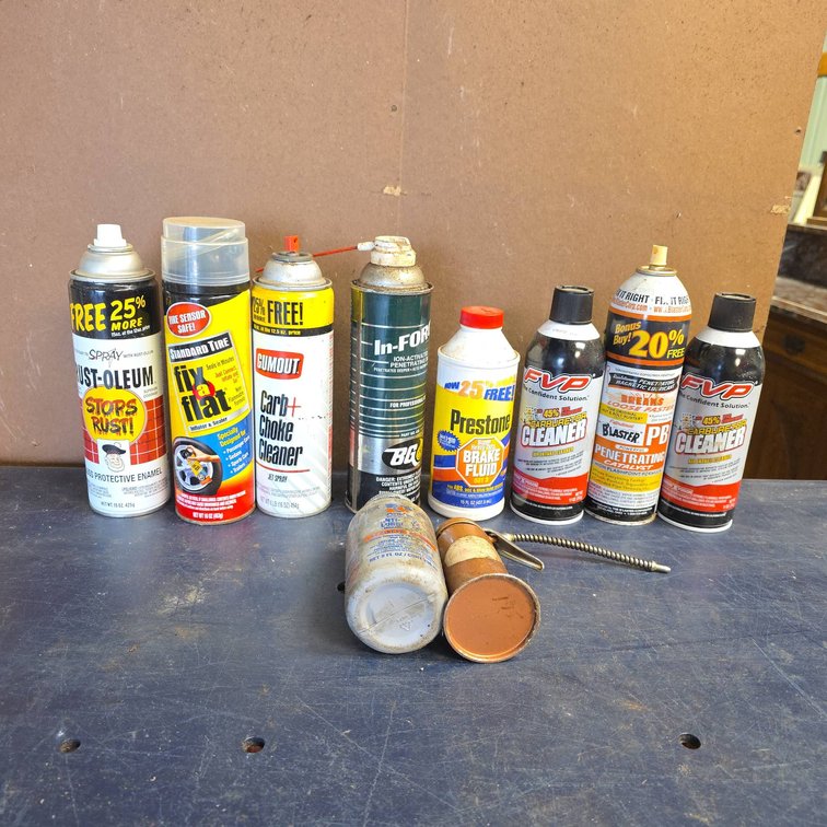 Partial Containers: Spray Paint, Cleaners, Lubricants, Brake Fluid, Carburetor Cleaner, Penetrant