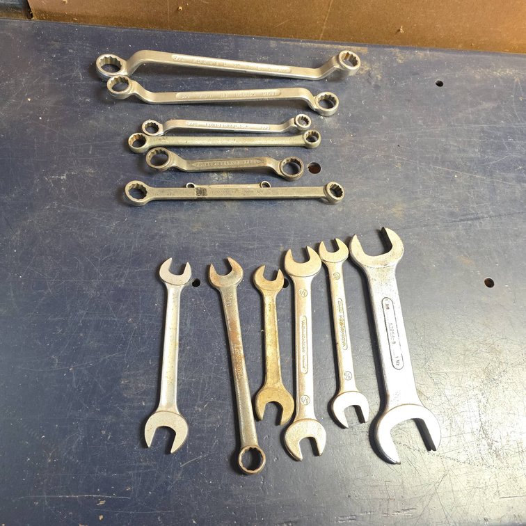 Seven Box End Wrenches and Six Open End Wrenches, Various Sizes and Brands