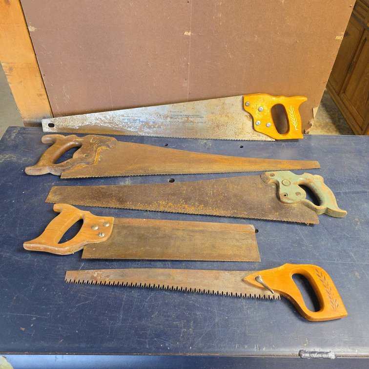 Five Hand Saws with Wood Handles and Assorted Blade Styles