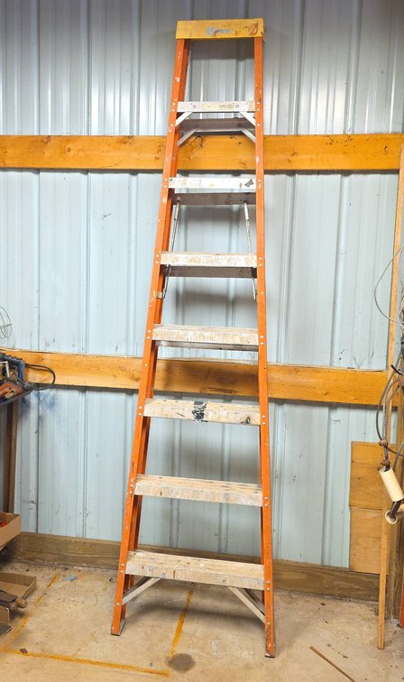 Bauer 8-Foot Fiberglass Step Ladder, Heavy-Duty Industrial Construction, Orange and Yellow, Used Condition